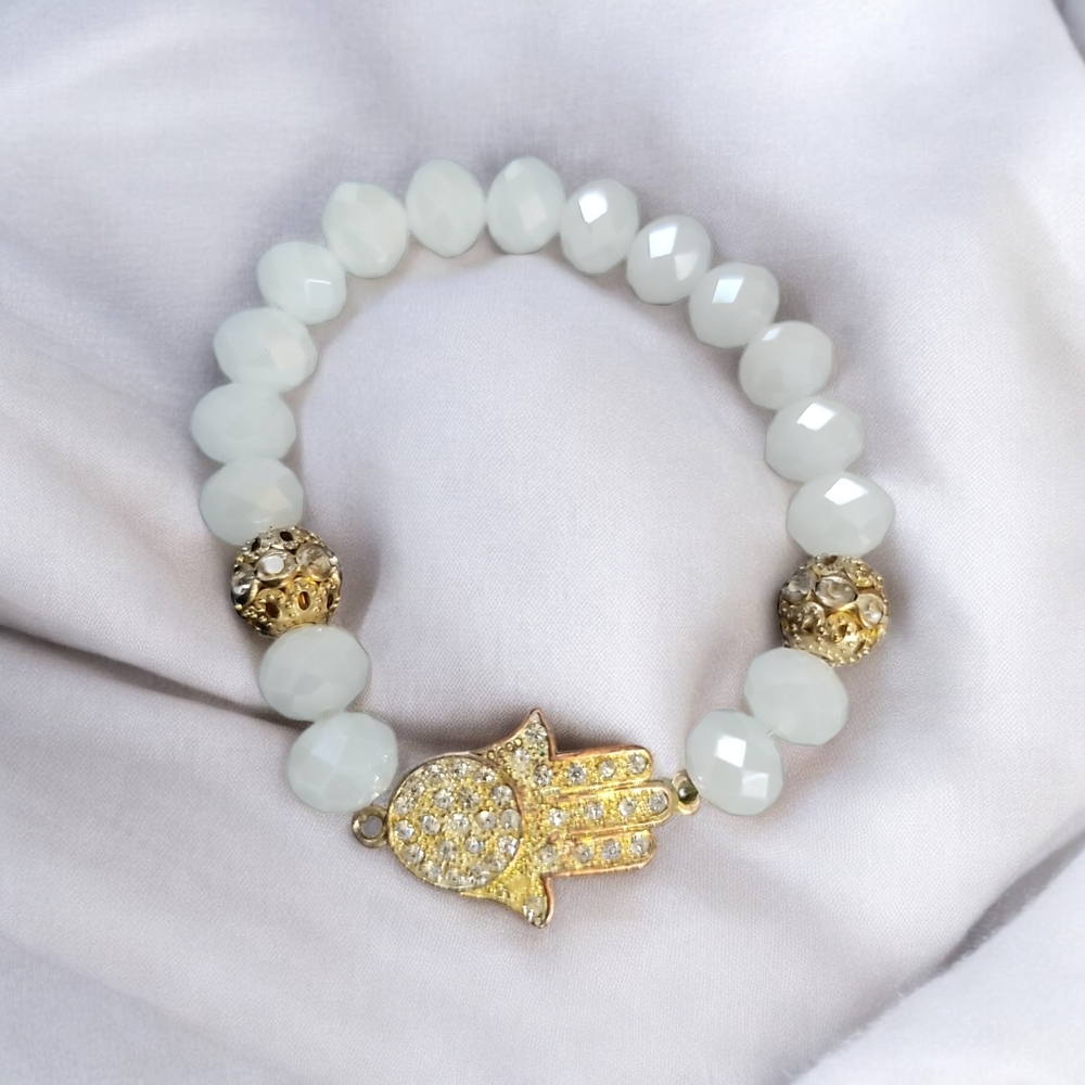 White pearl and gold Rhinestone Hand of Fortune bracelet